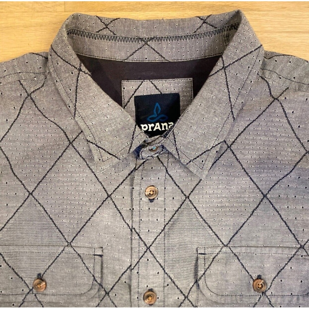 prAna Gray Cotton Blend Diamond Stripe Pattern Button Up Casual Shirt Men's L - Picture 3 of 11